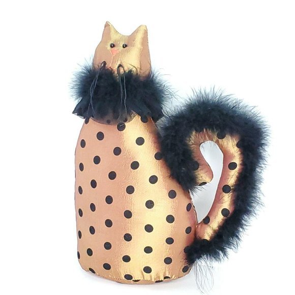 Plush 12" Cat Gold Black Polka Dot Faux Fur Feline embroidery Plump Shiny - Picture 9 of 12